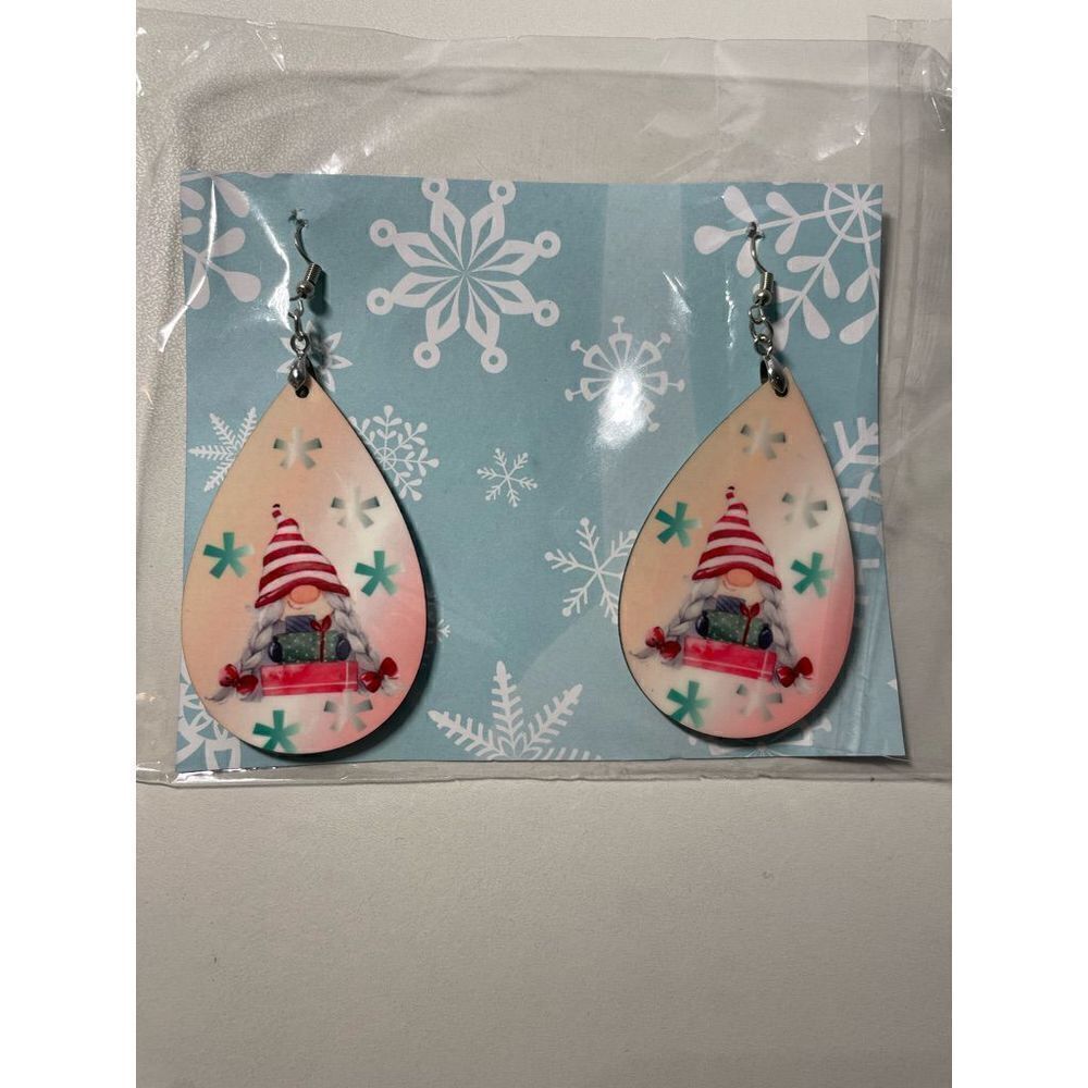 Gnome Wooden Teardrop Christmas Earrings